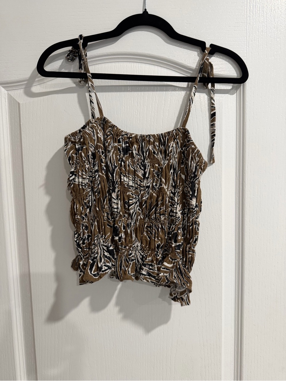 Habitual Smocked Tie-Strap Camisole in Brown, Black & White Print